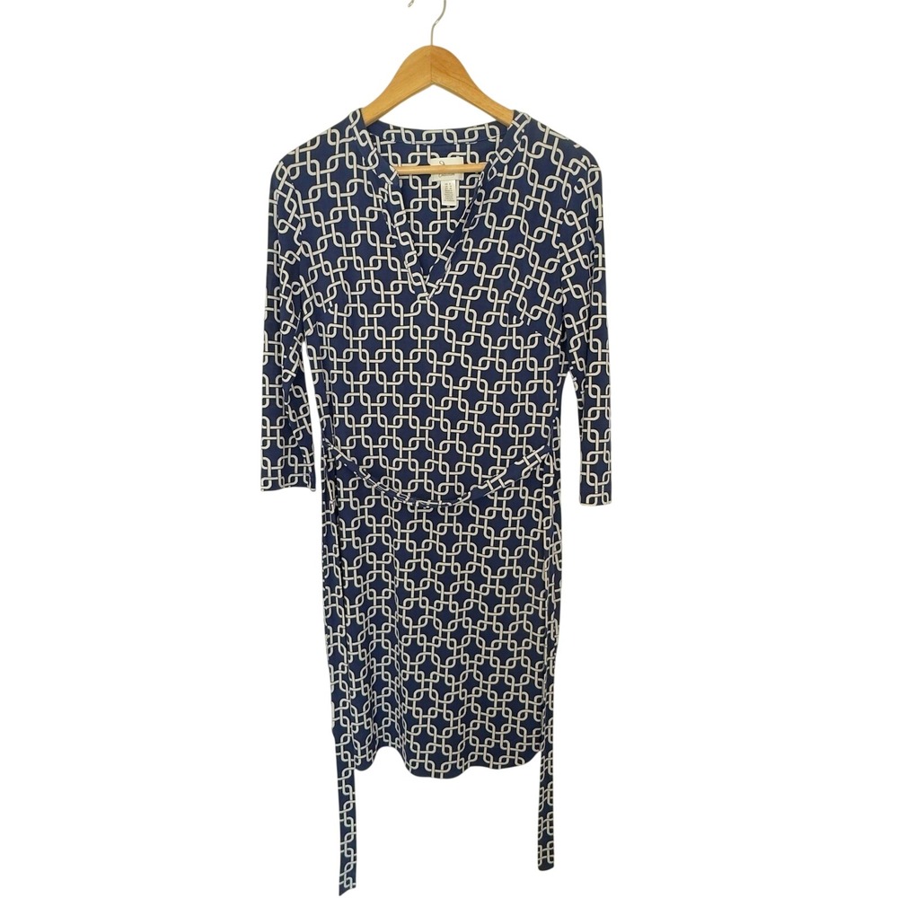 JM Collection Navy White Geometric Print Wrap Dress Midi Sleeve Size 6